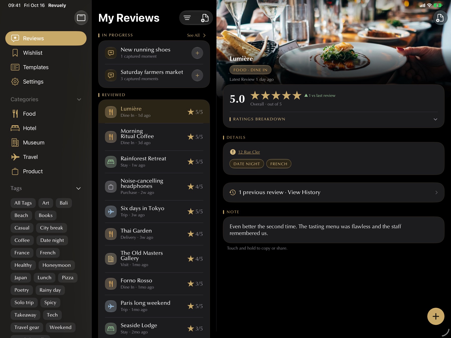 Revuely on iPad: review list beside the full Lumière review with photo and 5.0 rating