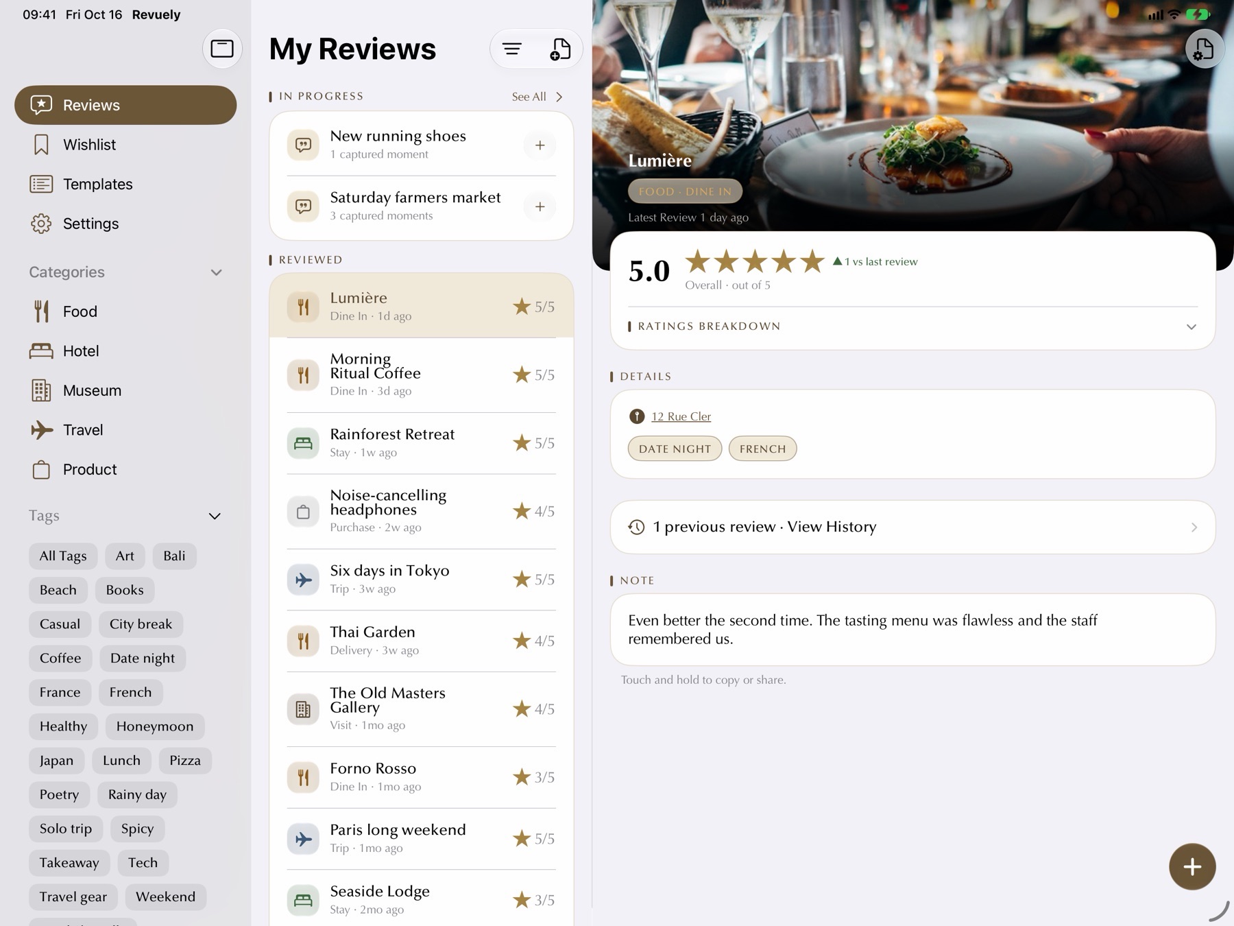 Revuely on iPad: review list beside the full Lumière review with photo and 5.0 rating