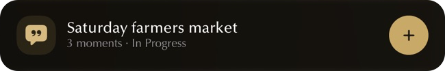 Revuely Live Activity on the iPad Lock Screen: Saturday farmers market, 3 moments, In Progress, with an add button