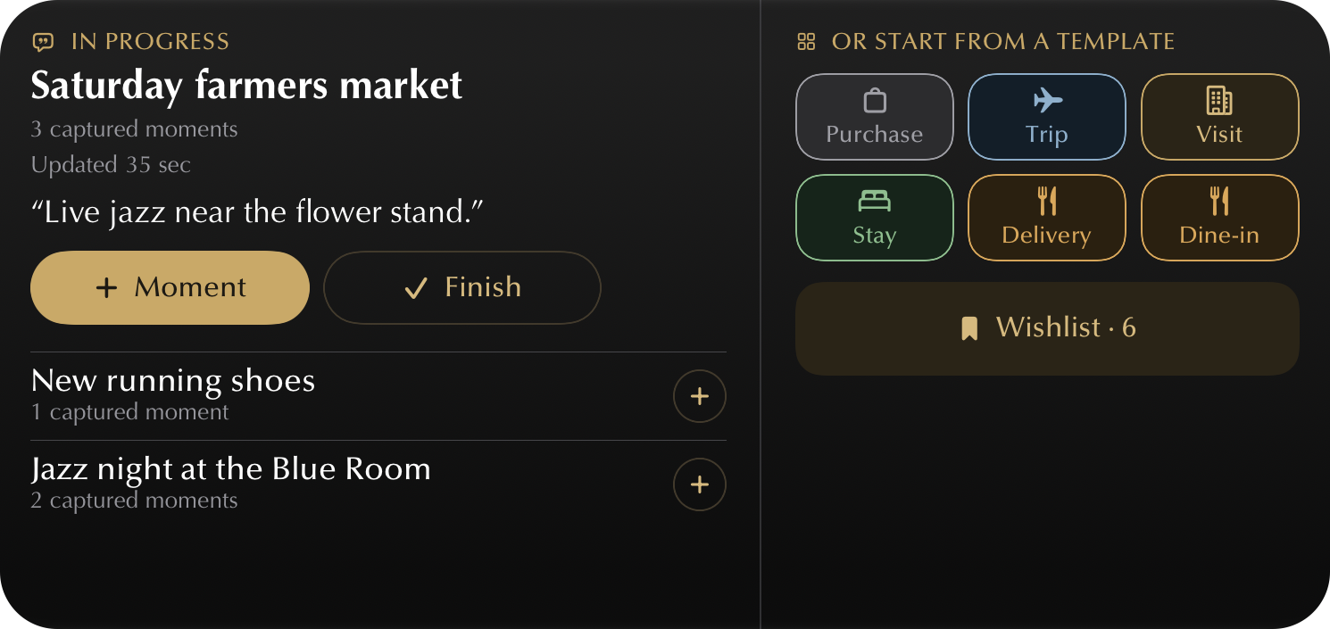 Revuely Extra Large widget on iPad: Saturday farmers market in progress with Moment and Finish buttons, template shortcuts and Wishlist