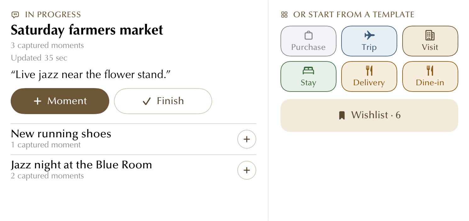 Revuely Extra Large widget on iPad: Saturday farmers market in progress with Moment and Finish buttons, template shortcuts and Wishlist