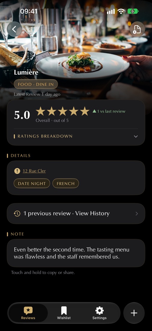A finished Lumière review on iPhone with photo, 5.0 rating, category and tags