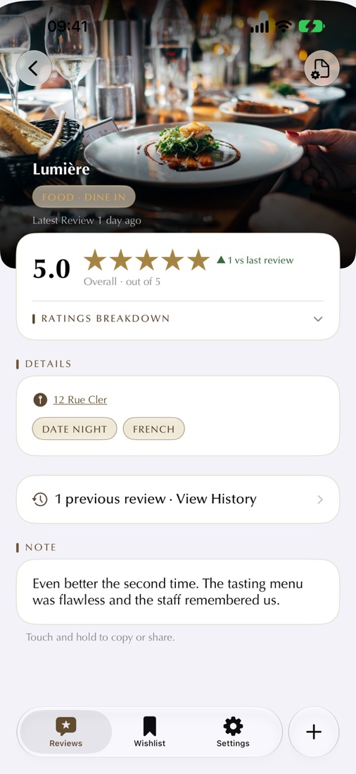 A finished Lumière review on iPhone with photo, 5.0 rating, category and tags