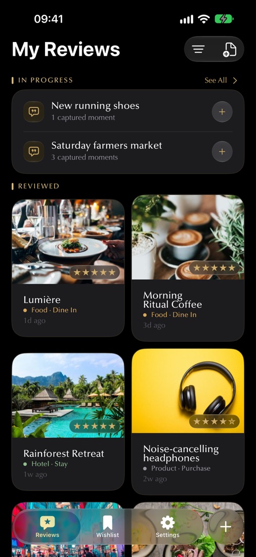 Revuely on iPhone: a photo grid of reviews including Lumière, Morning Ritual Coffee and Rainforest Retreat
