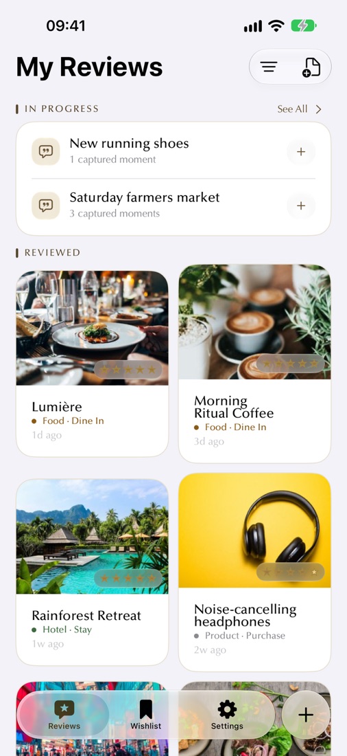 Revuely on iPhone: a photo grid of reviews including Lumière, Morning Ritual Coffee and Rainforest Retreat