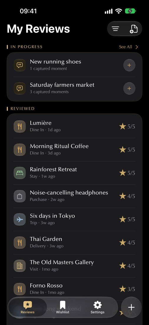 My Reviews list on iPhone with In Progress captures and every saved review