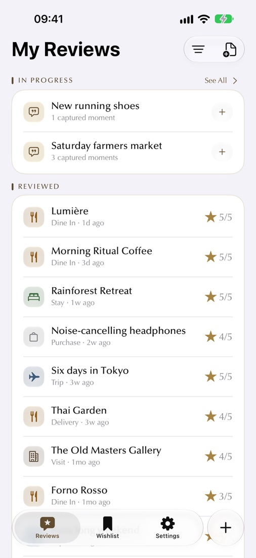 My Reviews list on iPhone with In Progress captures and every saved review