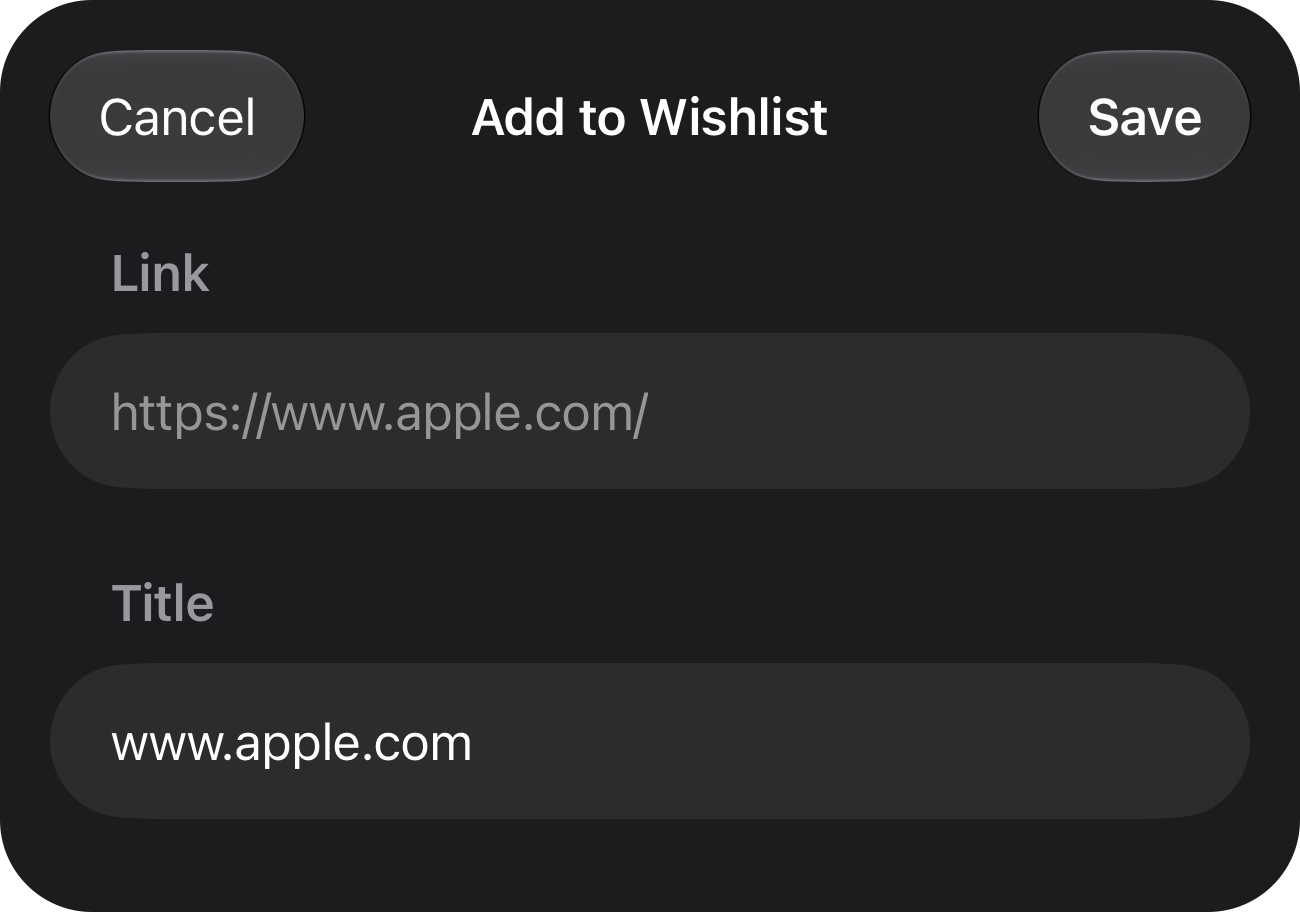 Revuely's Add to Wishlist sheet opened from the share sheet, with the shared link and title filled in