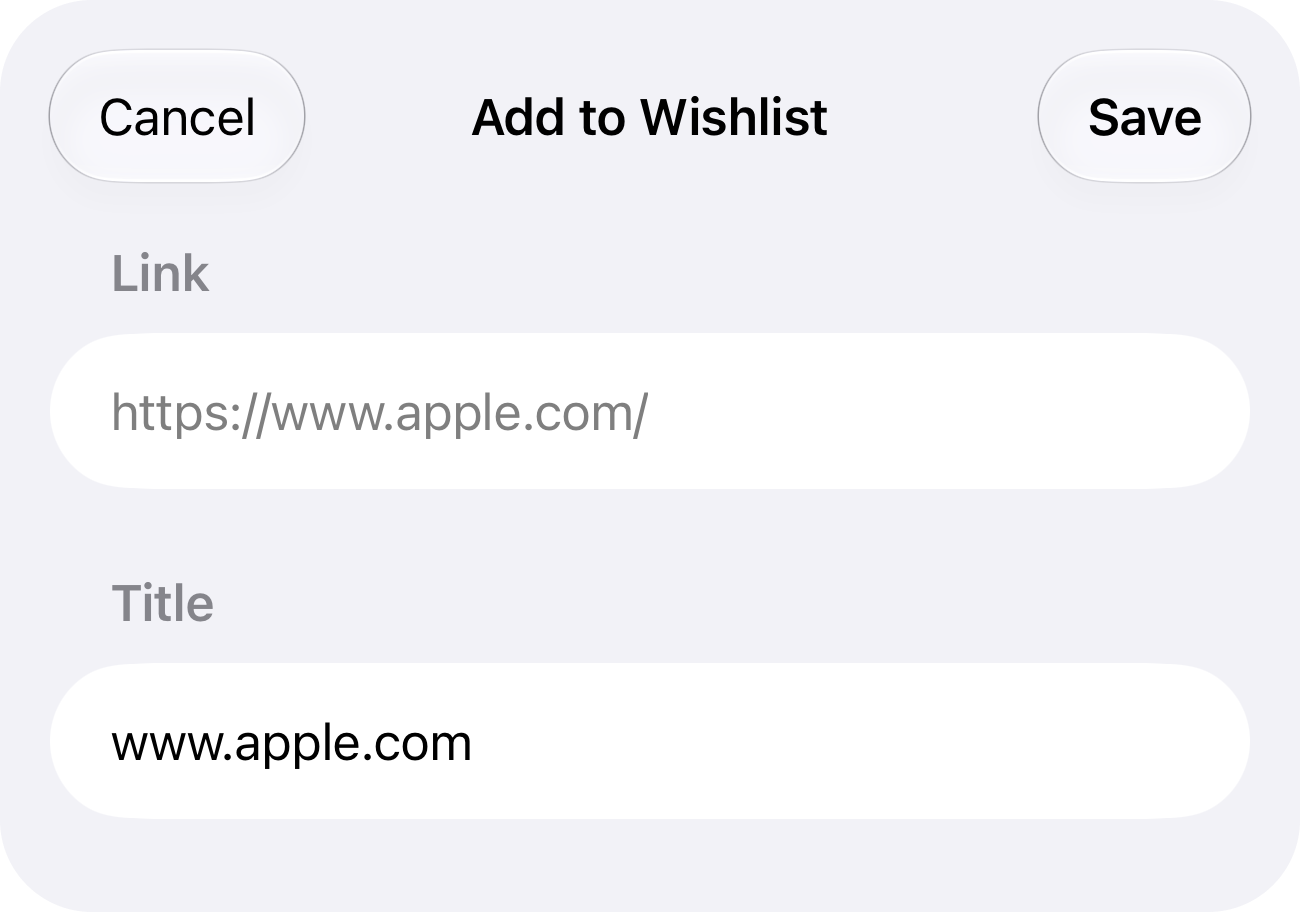 Revuely's Add to Wishlist sheet opened from the share sheet, with the shared link and title filled in