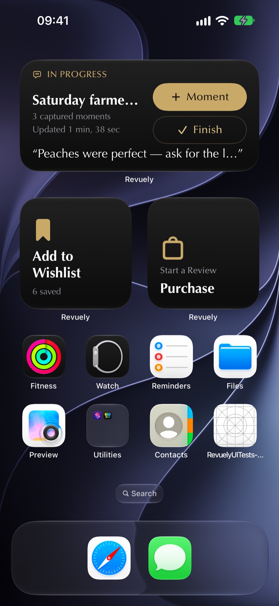 iPhone Home Screen with Revuely widgets: an in-progress capture with Moment and Finish buttons, Add to Wishlist with 6 saved, and Start a Review