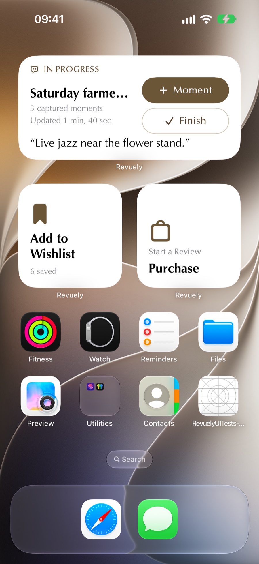 iPhone Home Screen with Revuely widgets: an in-progress capture with Moment and Finish buttons, Add to Wishlist with 6 saved, and Start a Review