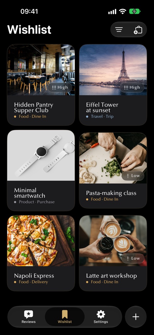 iPhone Wishlist with photos, priorities and categories