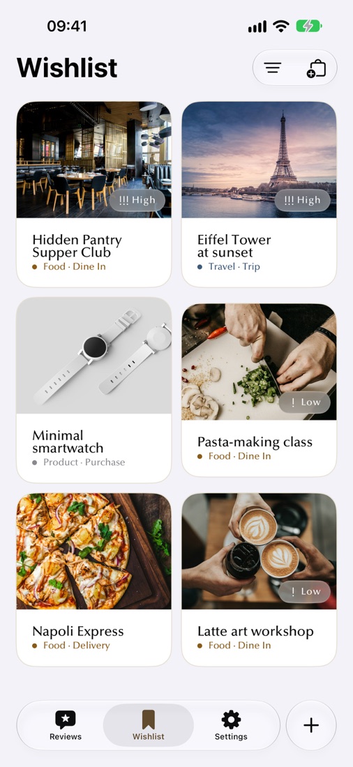 iPhone Wishlist with photos, priorities and categories